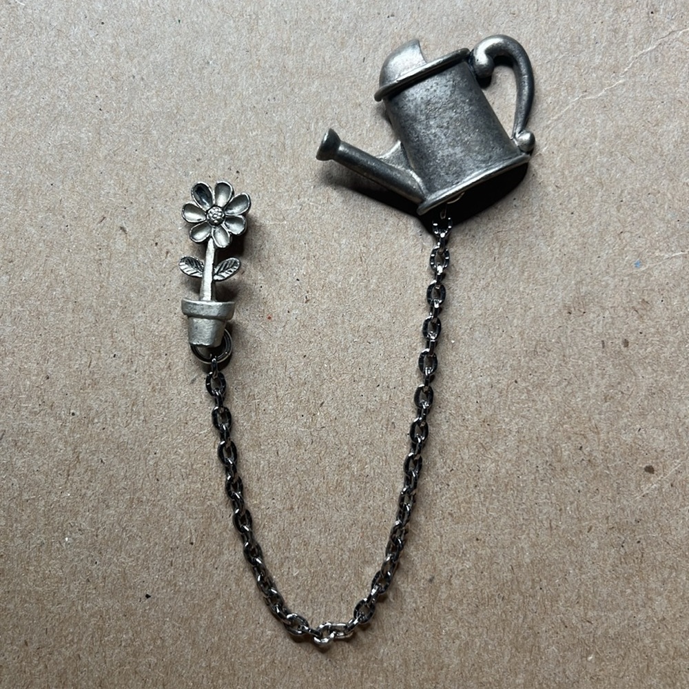 Vintage Amy pewter Water Can & Flower in pot Lapel Tack Pin W/ Chain brooch